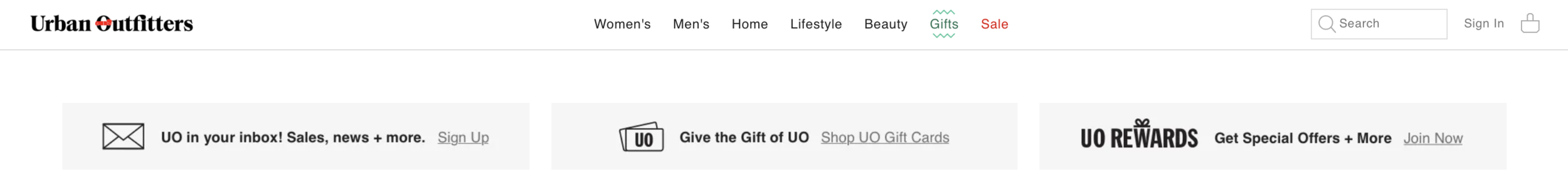 Urban Outfitters' information architecture for the navigation bar